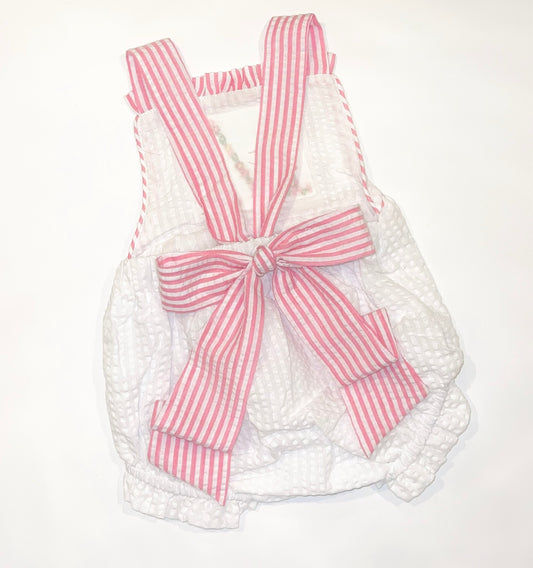 Seersucker Girls Floral Monogram Sunsuit Bubble
