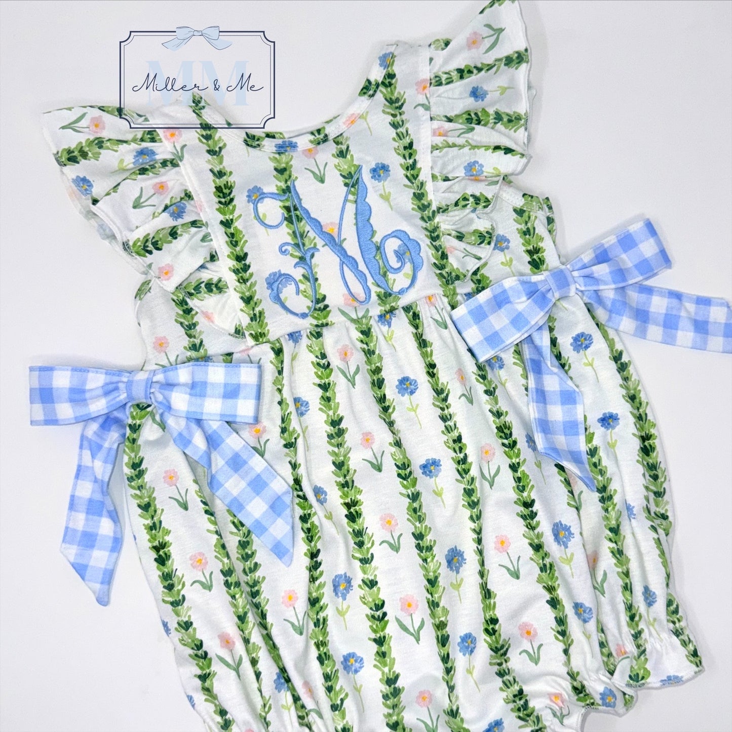 Blue Gingham Garden Bubble / Personalized Baby Girl Outfit