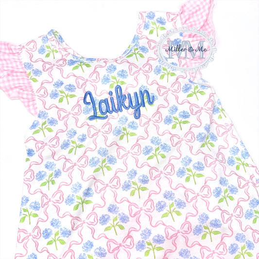 Pink hydrangea bow print ruffle bloomer set