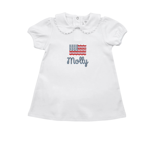 Patriotic Short Sleeve Girls Dress with Ric Rac Trimmed Collar