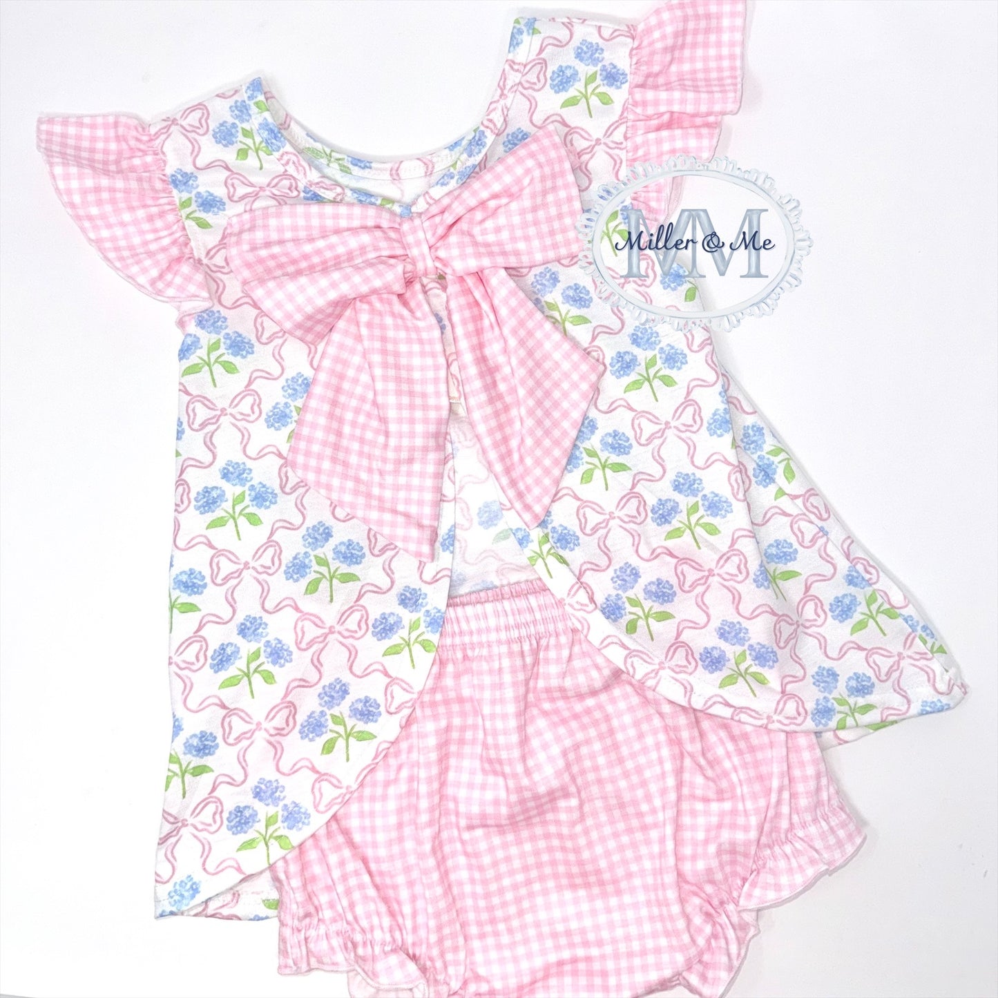 Pink hydrangea bow print ruffle bloomer set