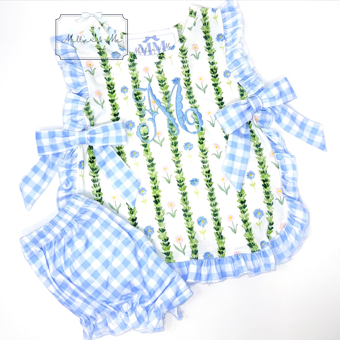 Blue Gingham Garden Bloomer Set / Personalized Baby Girl Outfit