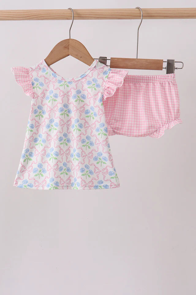 Pink hydrangea bow print ruffle bloomer set