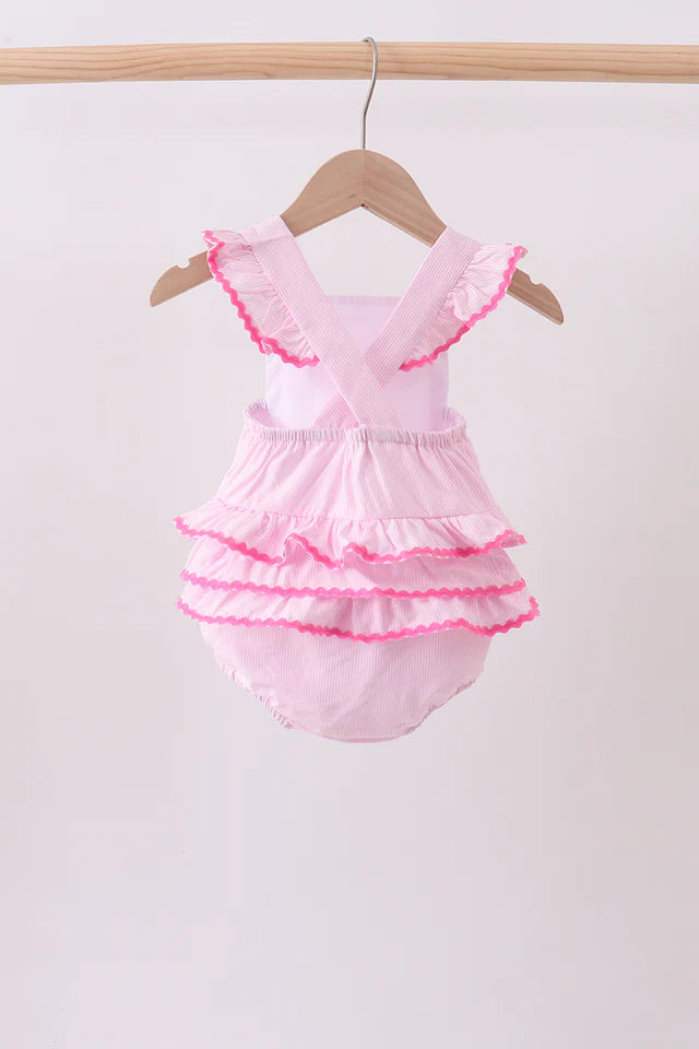 Pink Stripe Ruffle Bubble with Floral Monogram