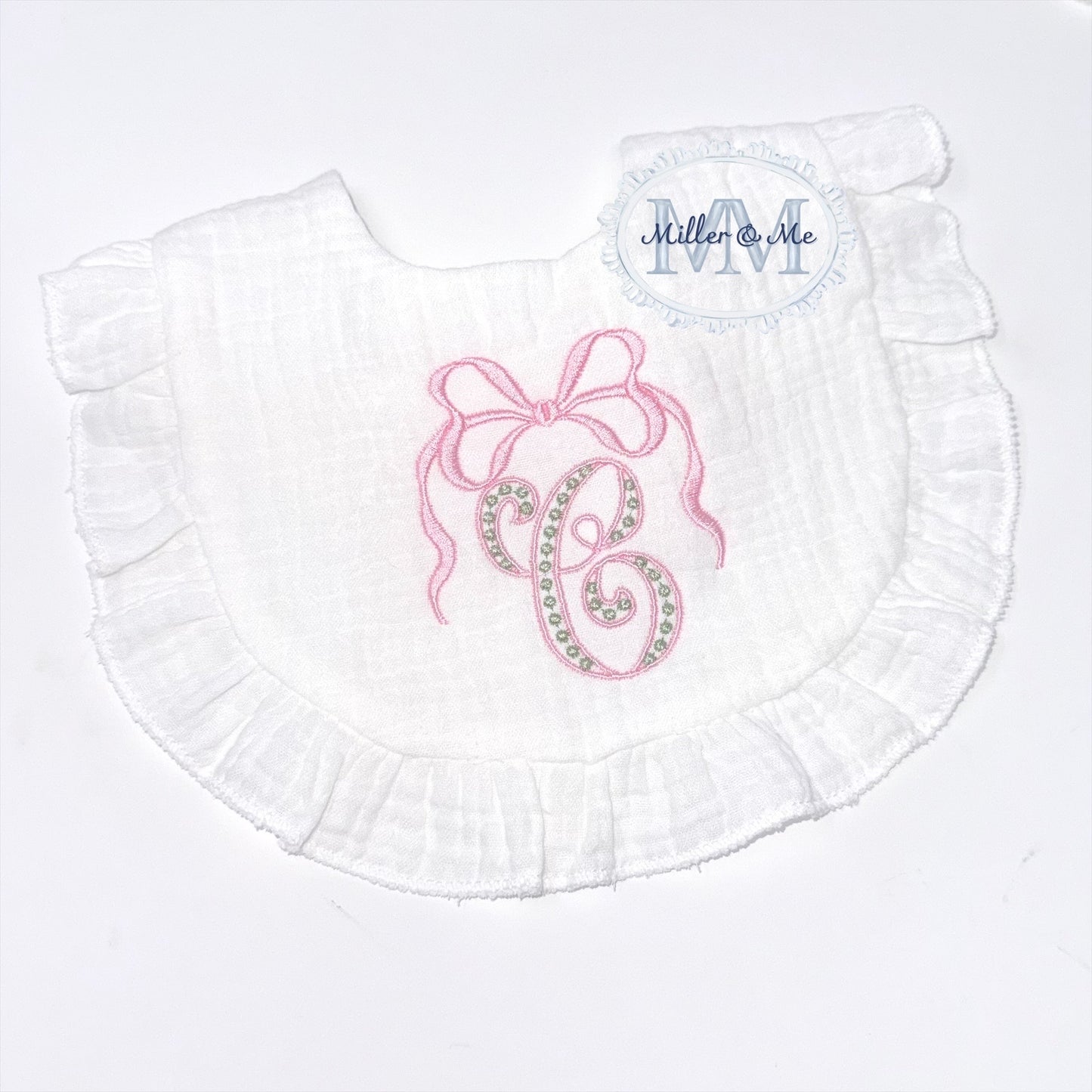 Bow Frame Monogram Ruffle Muslin Bib