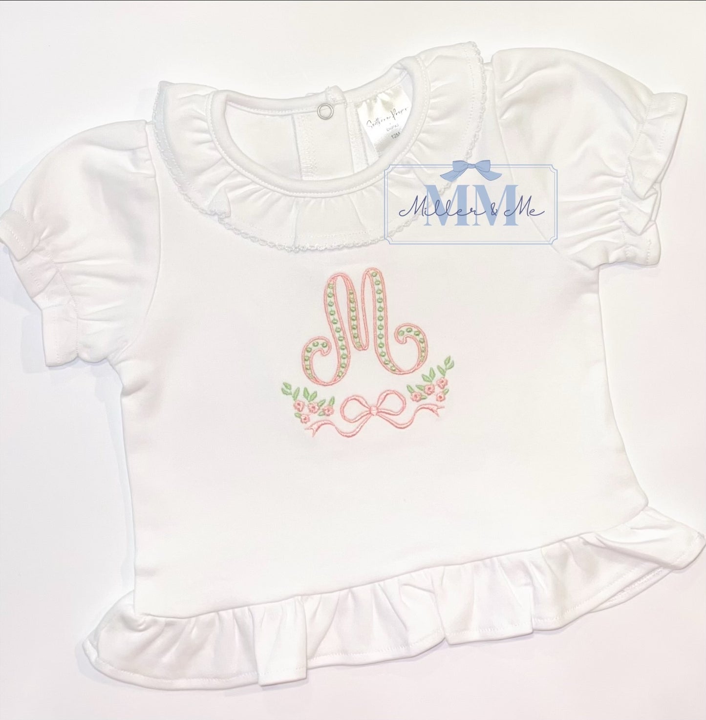 Girls Personalized Floral Frame Monogram Ruffle Shirt