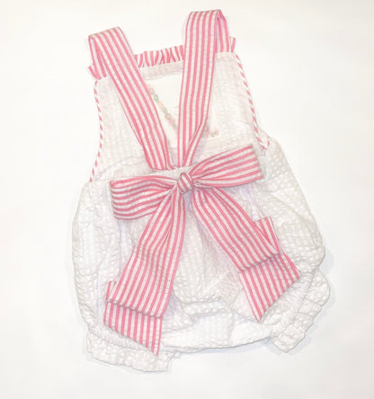 Seersucker Girls Floral Monogram Sunsuit Bubble