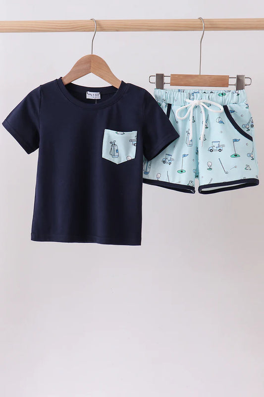 Navy Golf Print Boys Shorts Set