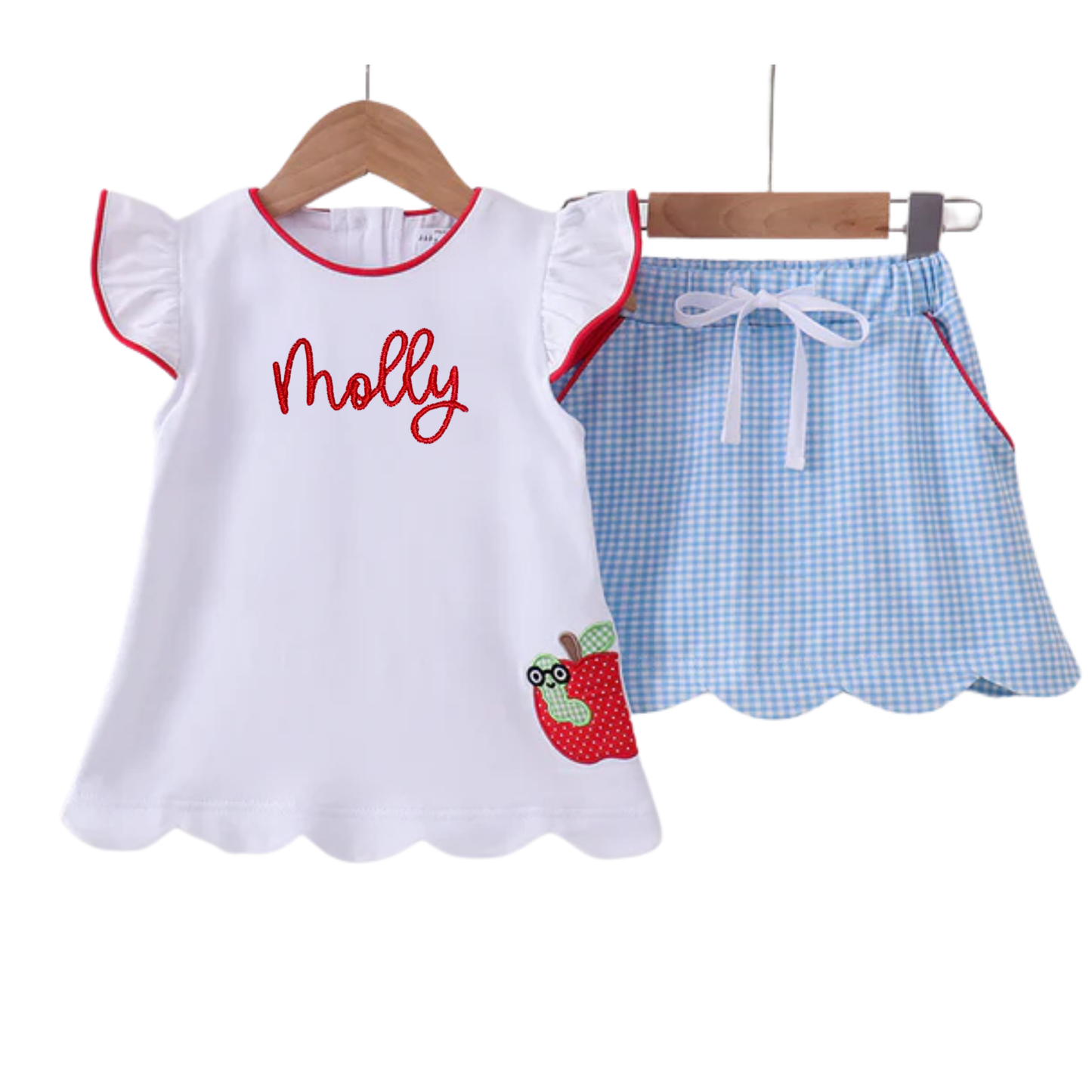 Back to School Blue Apple Applique Skort Set
