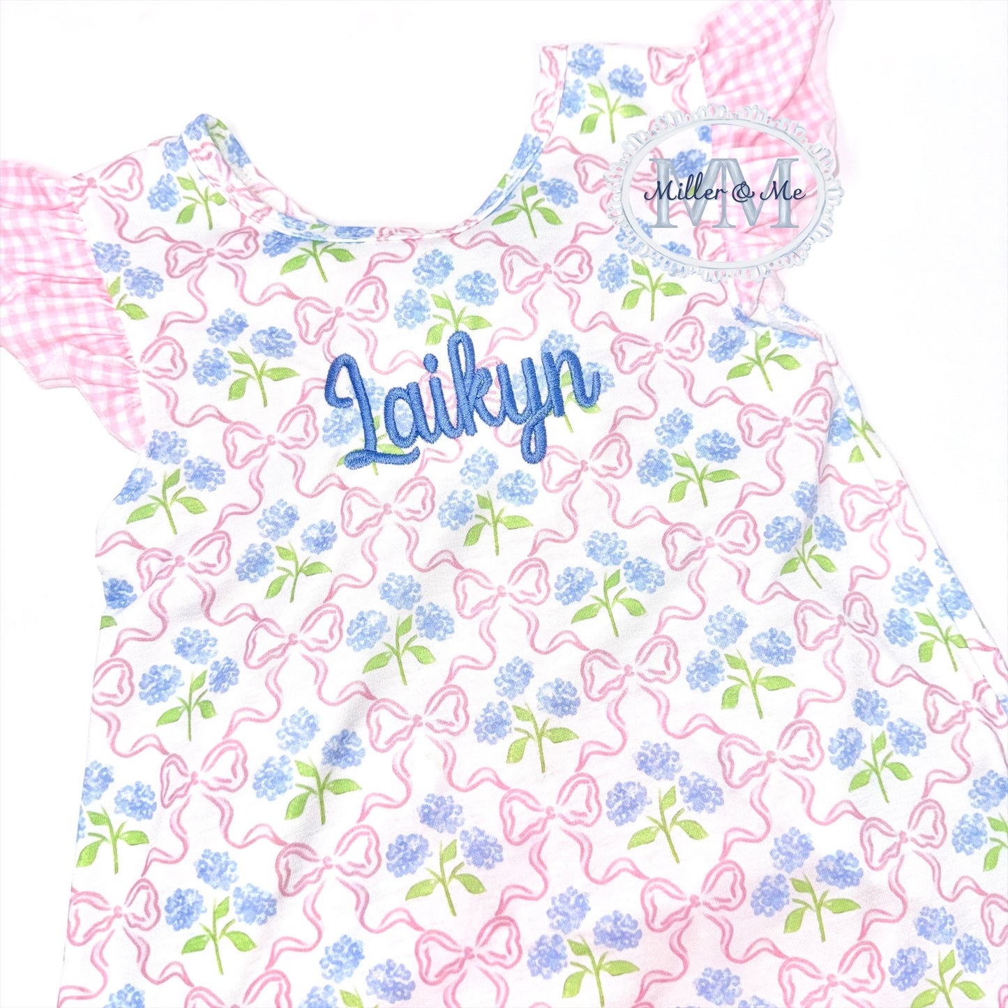 Pink hydrangea bow print ruffle bloomer set