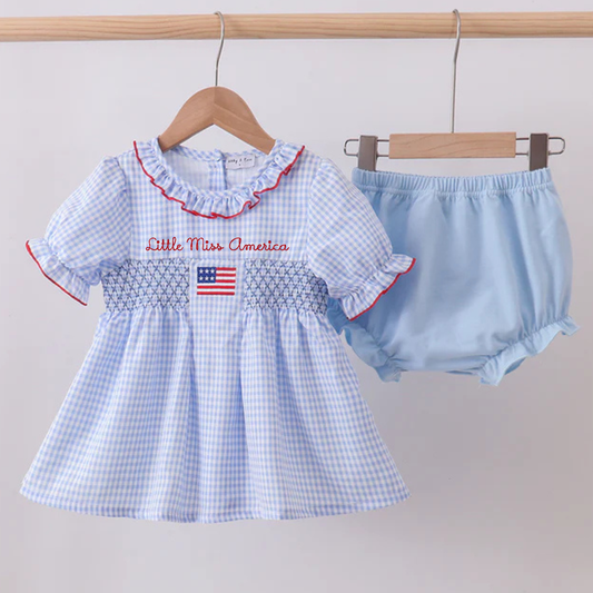 Blue flag smocked ruffle bloomer set