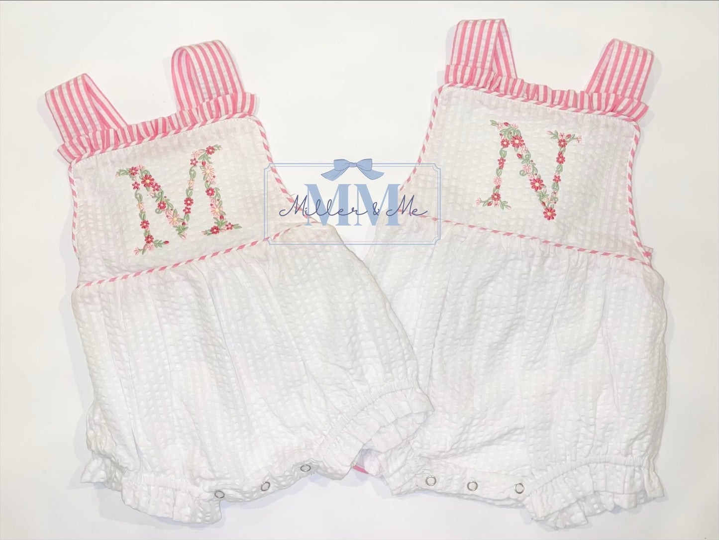 Seersucker Girls Floral Monogram Sunsuit Bubble
