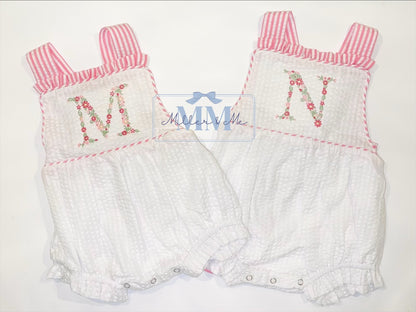 Seersucker Girls Floral Monogram Sunsuit Bubble