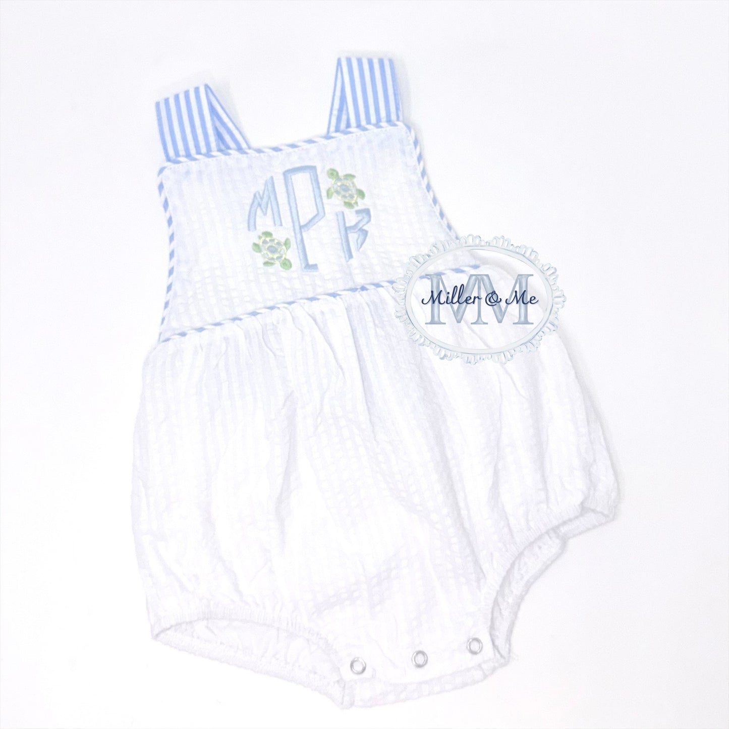 Boys Seersucker Monogram Sunsuit Bubble