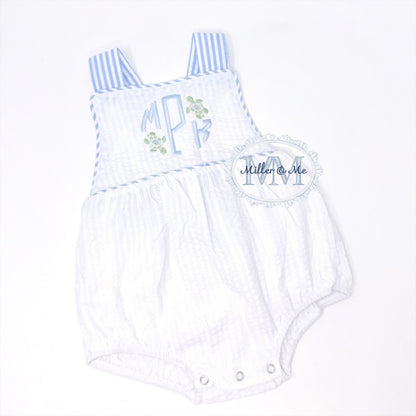 Boys Seersucker Monogram Sunsuit Bubble