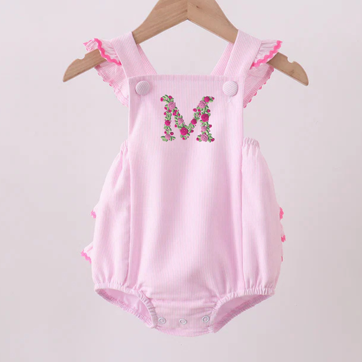 Pink Stripe Ruffle Bubble with Floral Monogram