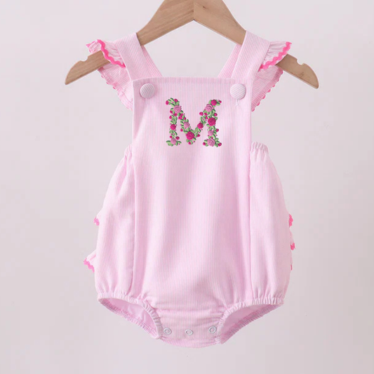Pink Stripe Ruffle Bubble with Floral Monogram