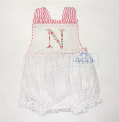 Seersucker Girls Floral Monogram Sunsuit Bubble