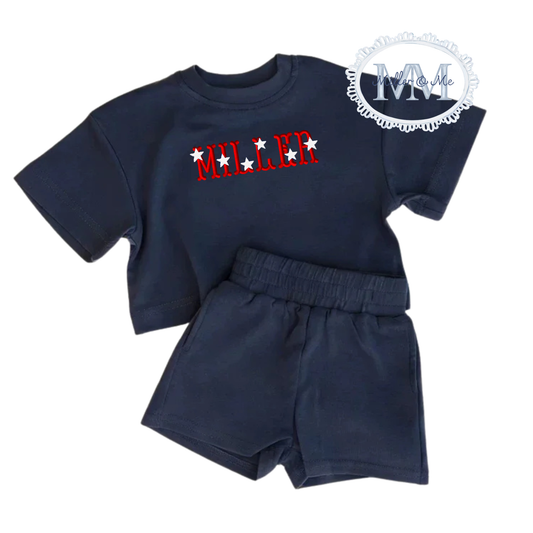 Patriotic Navy Blue Terry Shorts Set