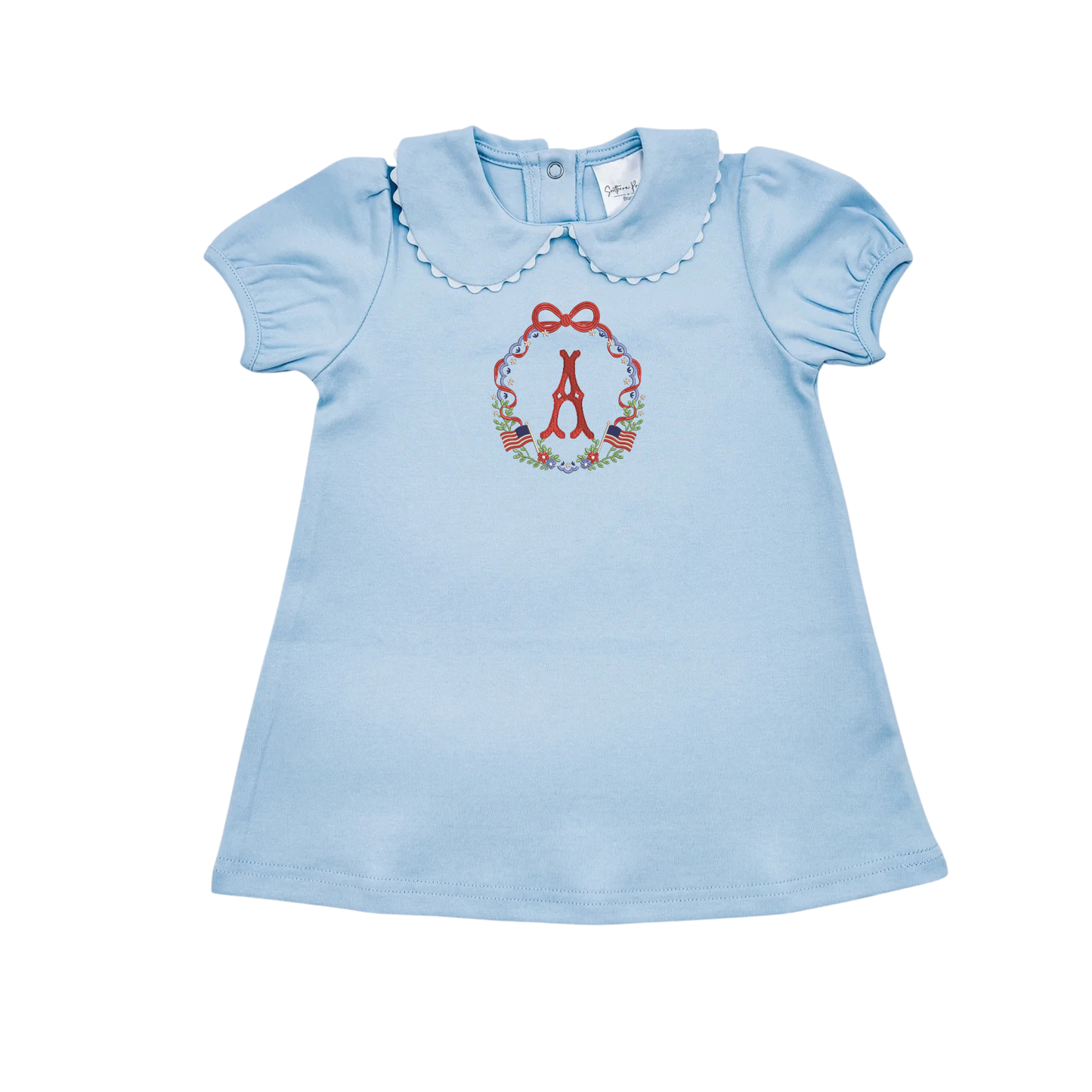 Patriotic Short Sleeve Girls Dress with Ric Rac Trimmed Collar