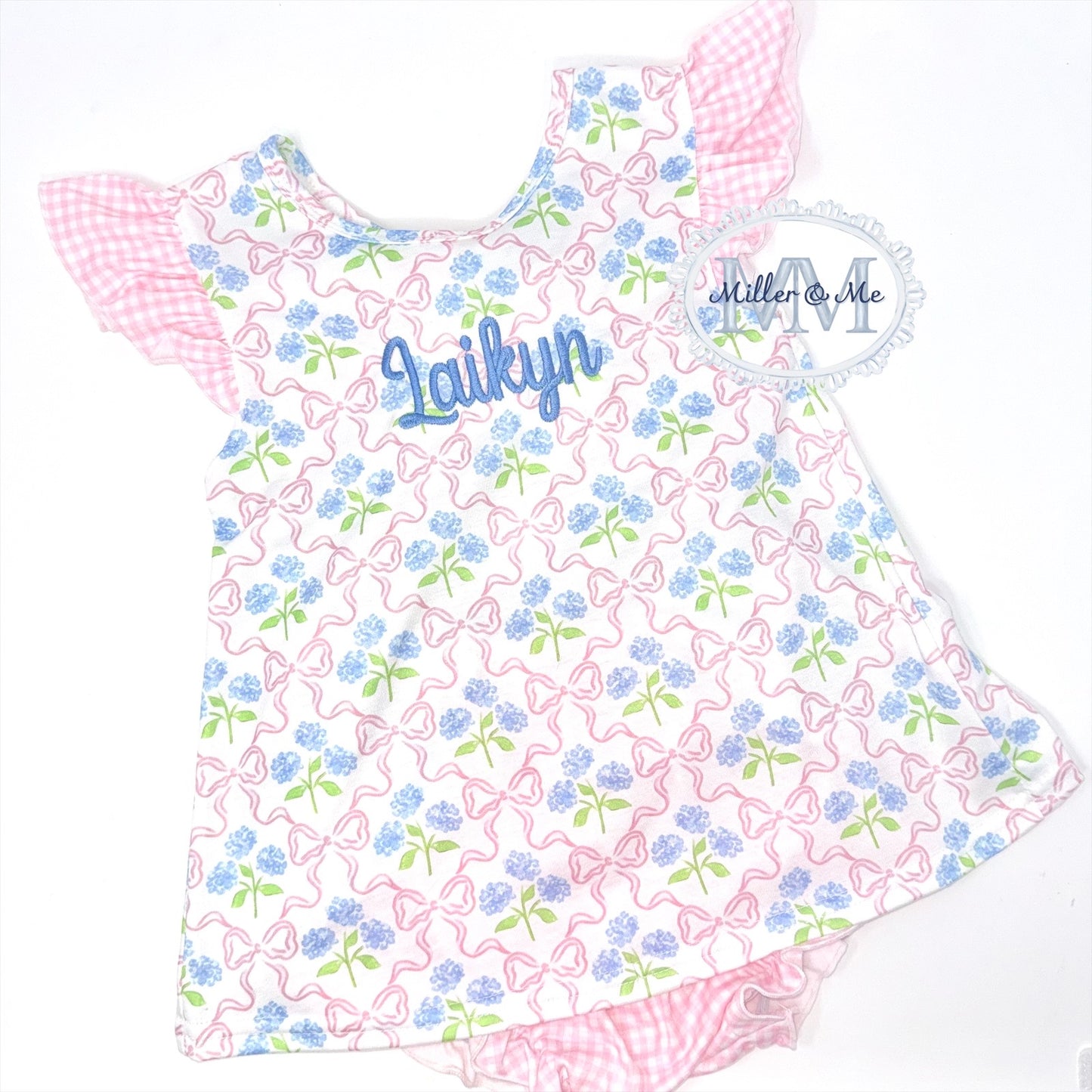 Pink hydrangea bow print ruffle bloomer set