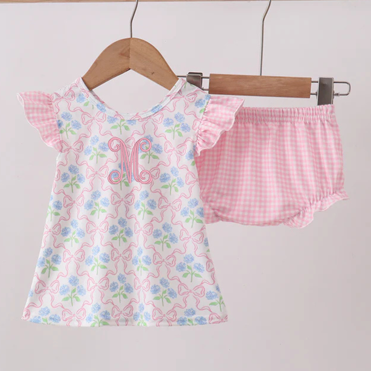 Pink hydrangea bow print ruffle bloomer set