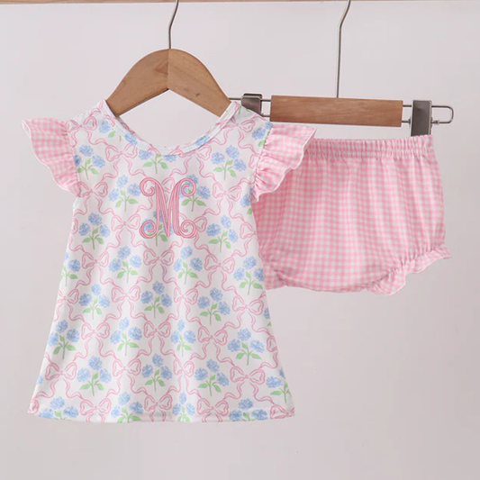 Pink hydrangea bow print ruffle bloomer set