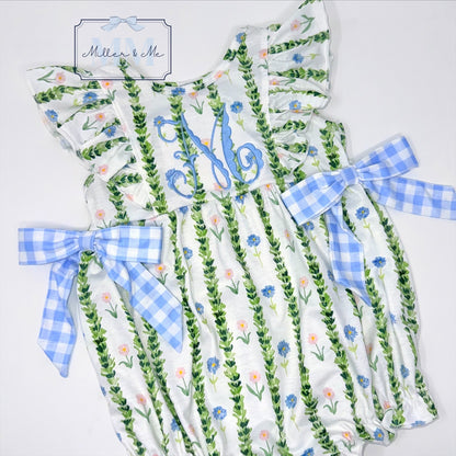 Blue Gingham Garden Bubble / Personalized Baby Girl Outfit