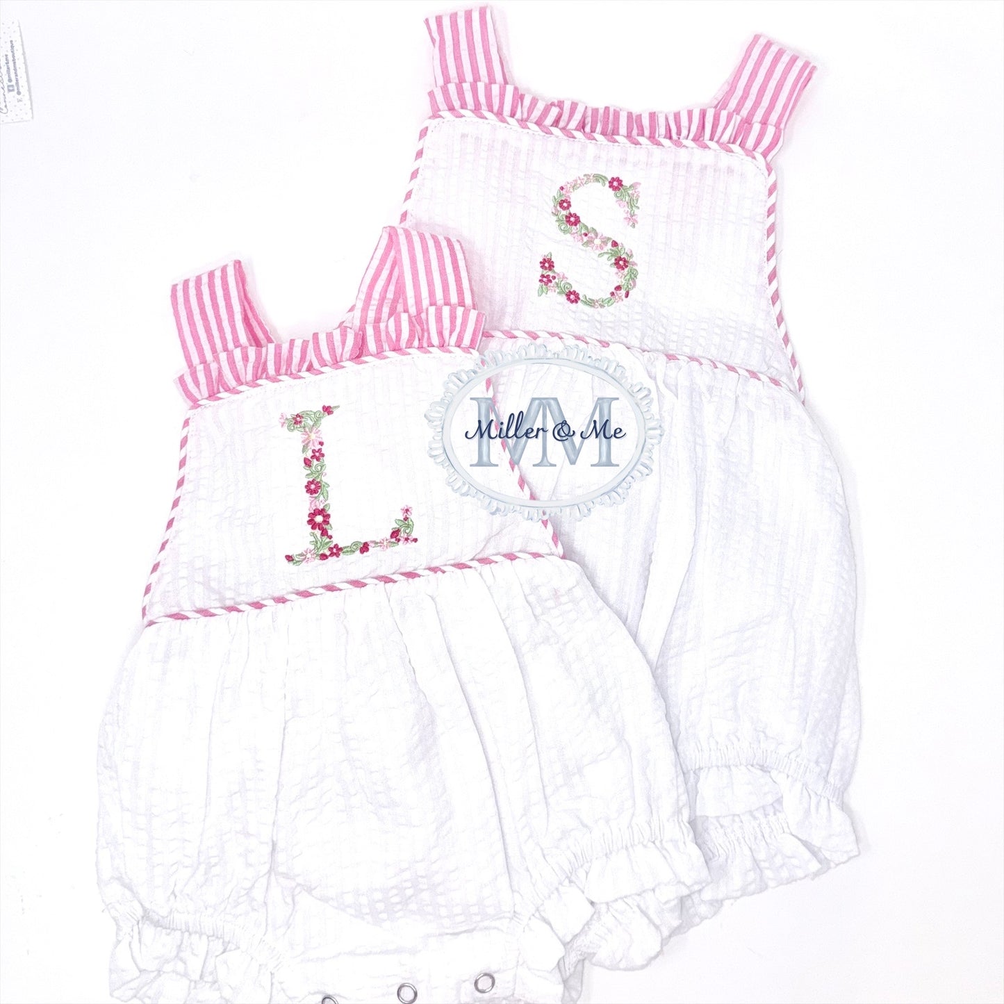 Seersucker Girls Floral Monogram Sunsuit Bubble
