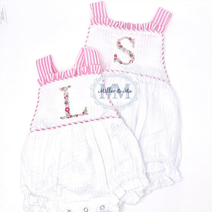 Seersucker Girls Floral Monogram Sunsuit Bubble