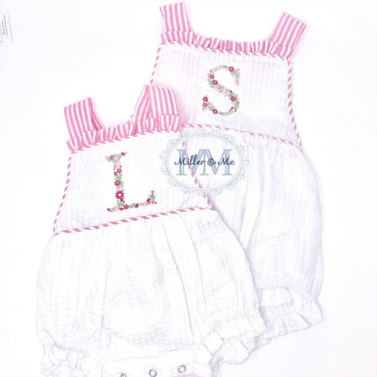 Seersucker Girls Floral Monogram Sunsuit Bubble