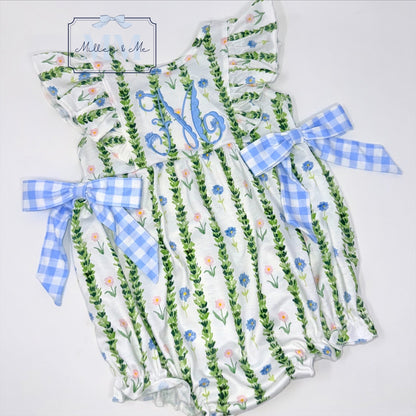 Blue Gingham Garden Bubble / Personalized Baby Girl Outfit