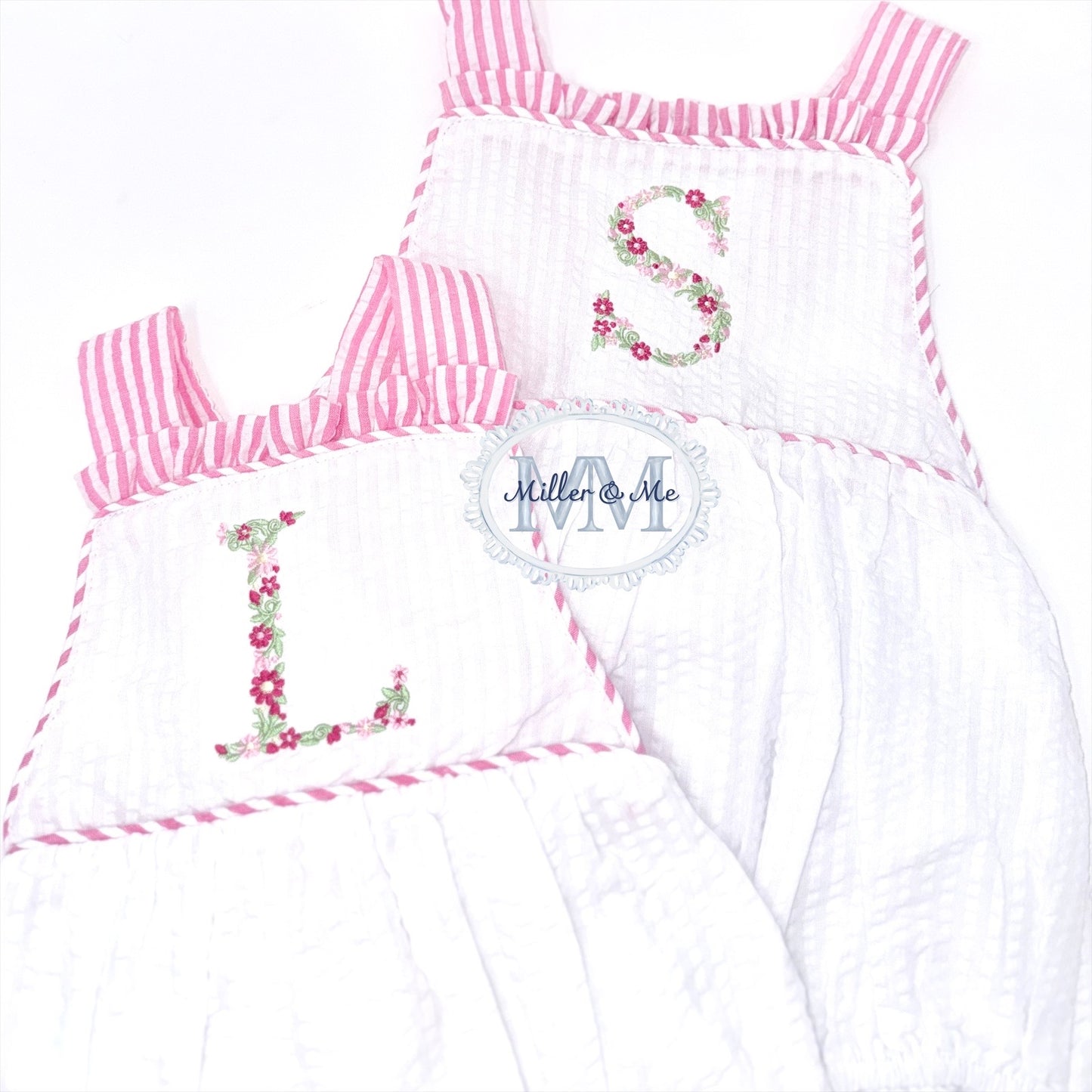 Seersucker Girls Floral Monogram Sunsuit Bubble