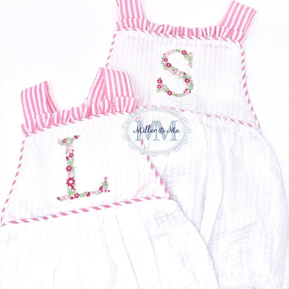 Seersucker Girls Floral Monogram Sunsuit Bubble