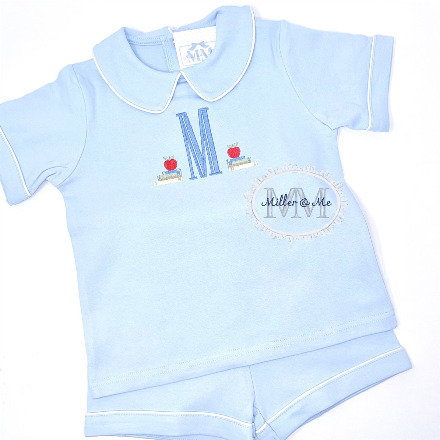 Boys Back to School Bookends Monogram Peter Pan Collar Shorts Set