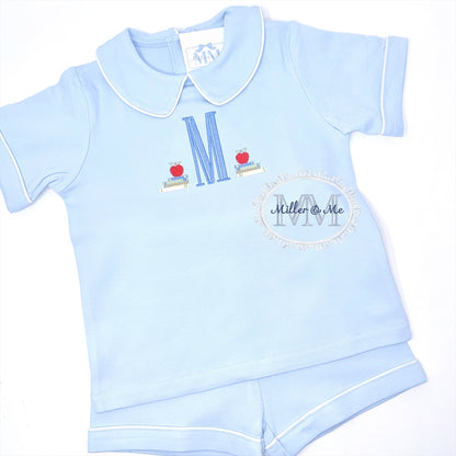 Boys Back to School Bookends Monogram Peter Pan Collar Shorts Set