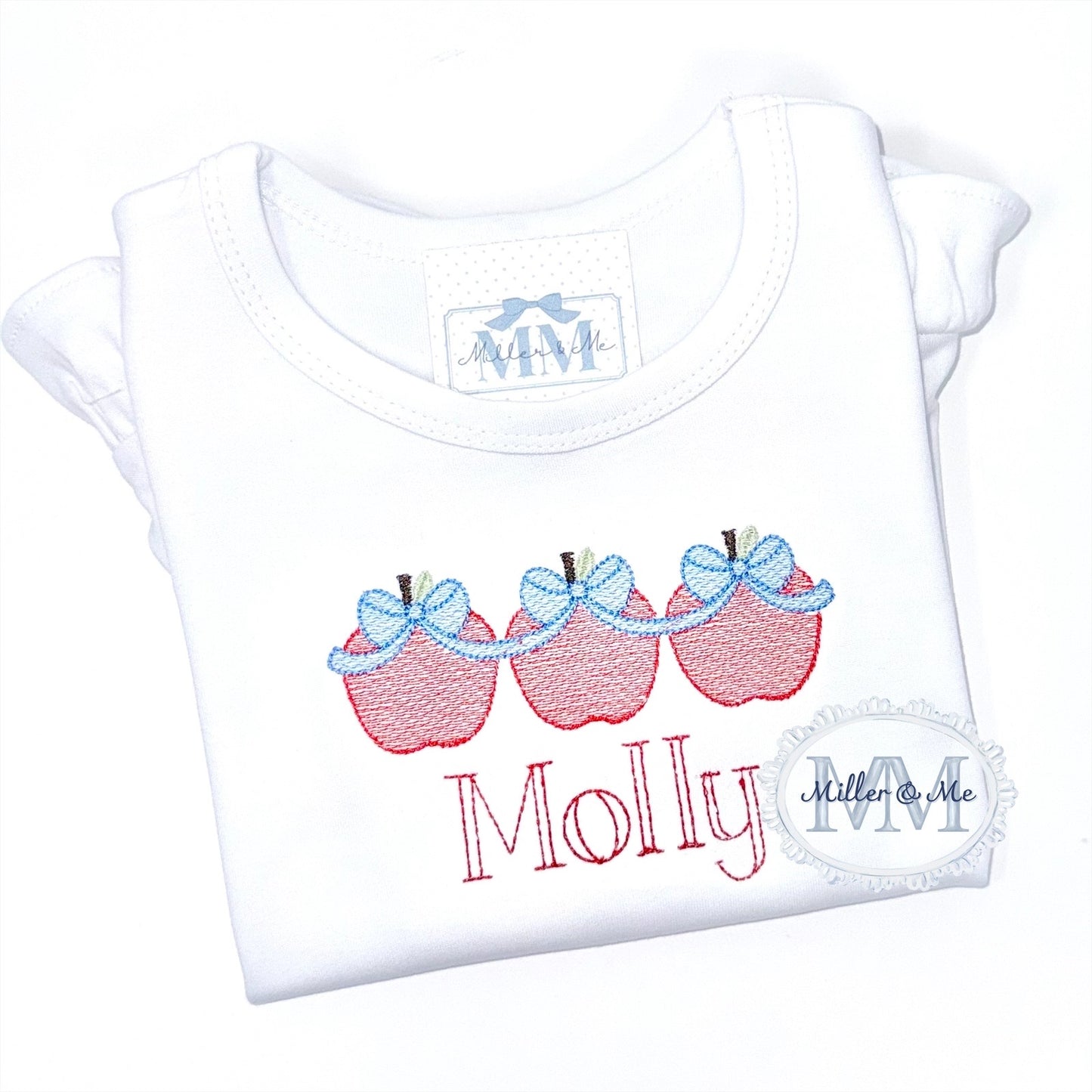 Puff Sleeve Back to School Sketch Apple Trio with Bows Shirt