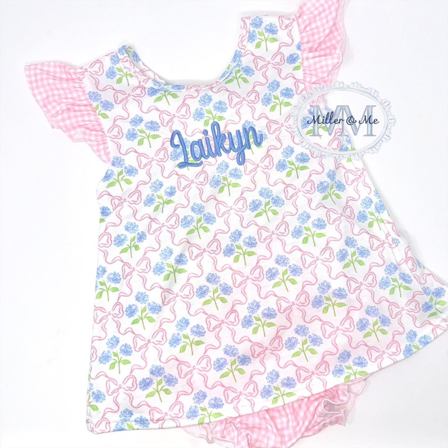 Pink hydrangea bow print ruffle bloomer set