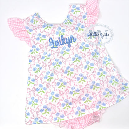 Pink hydrangea bow print ruffle bloomer set