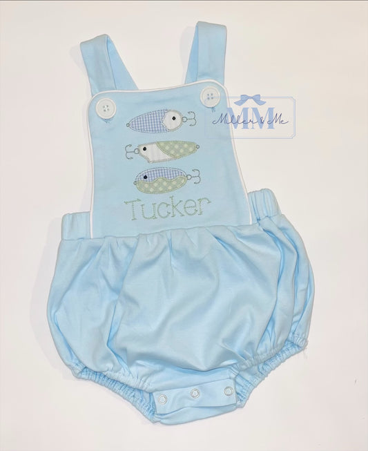 Boys Fishing Applique Blue Sunsuit Bubble