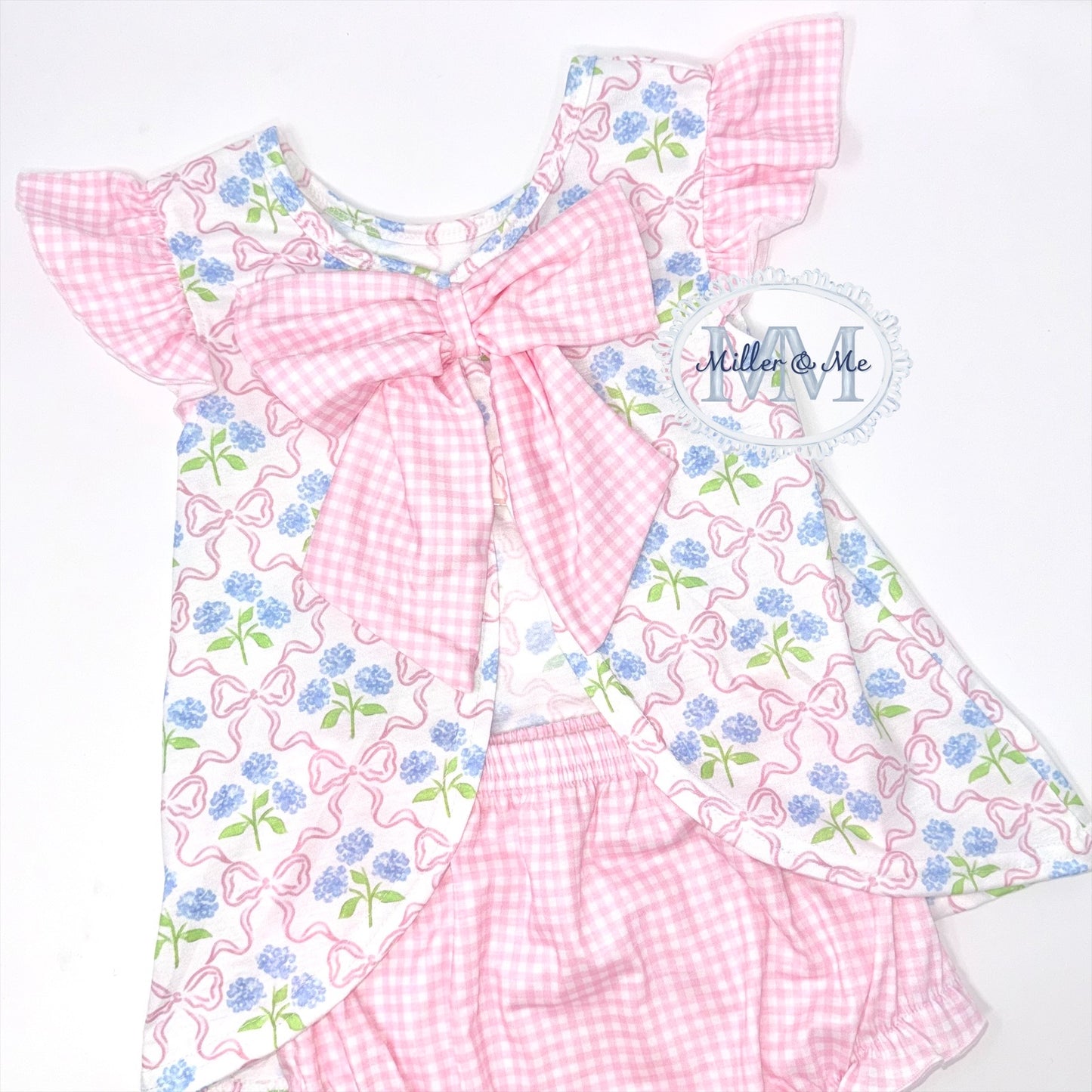 Pink hydrangea bow print ruffle bloomer set