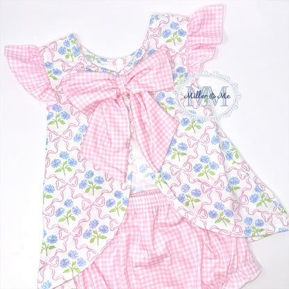 Pink hydrangea bow print ruffle bloomer set