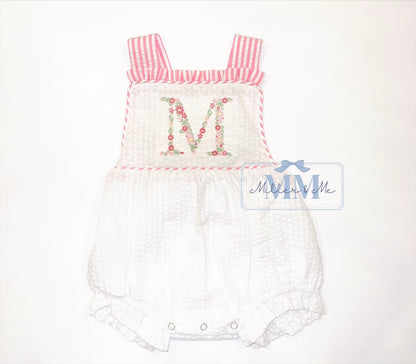 Seersucker Girls Floral Monogram Sunsuit Bubble