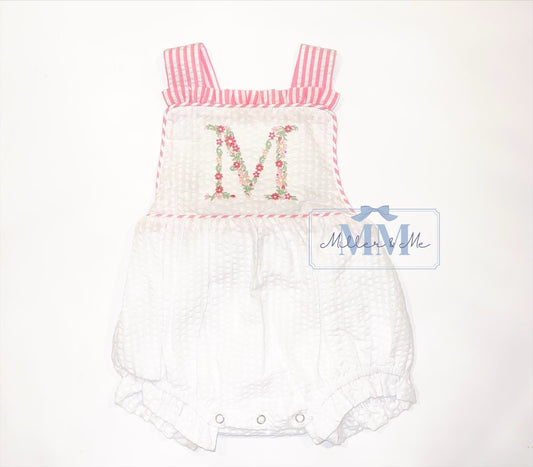 Seersucker Girls Floral Monogram Sunsuit Bubble