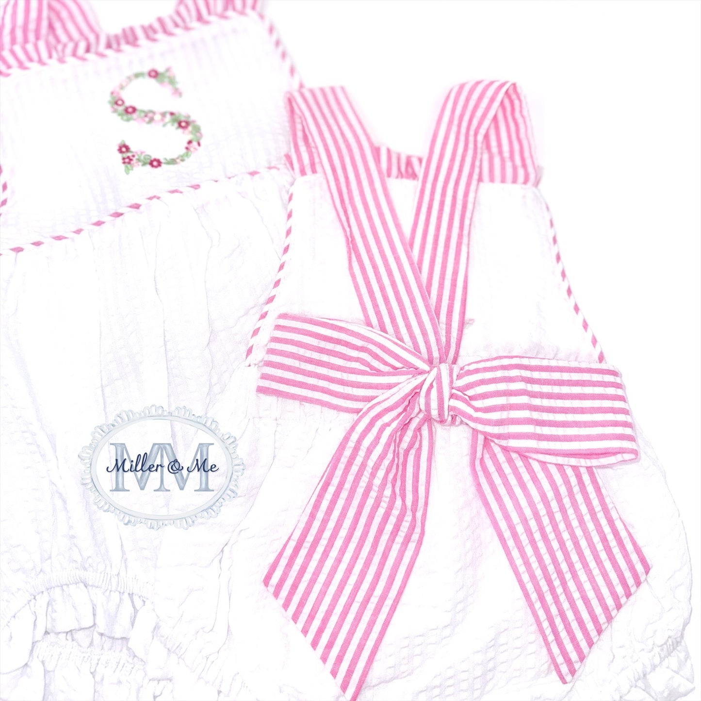 Seersucker Girls Floral Monogram Sunsuit Bubble