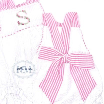 Seersucker Girls Floral Monogram Sunsuit Bubble