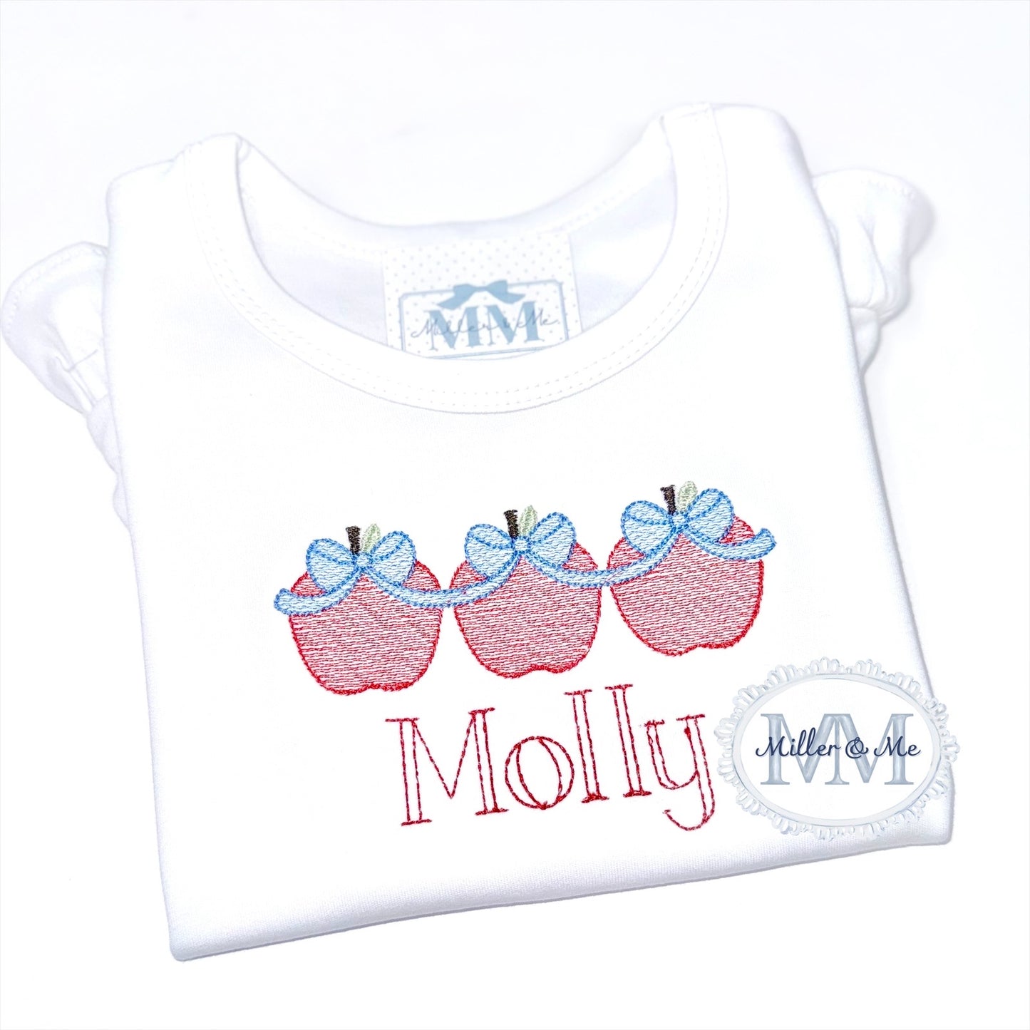 Puff Sleeve Back to School Sketch Apple Trio with Bows Shirt
