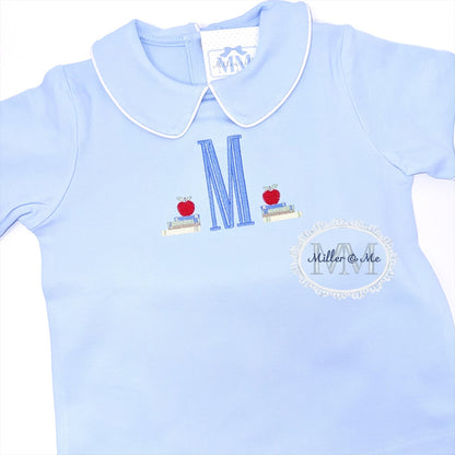 Boys Back to School Bookends Monogram Peter Pan Collar Shorts Set