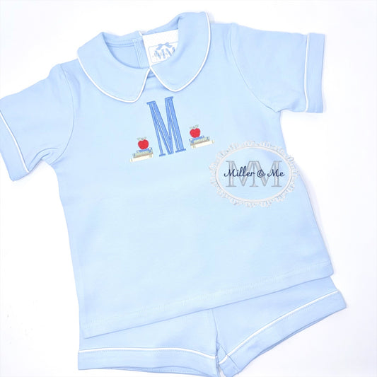 Boys Back to School Bookends Monogram Peter Pan Collar Shorts Set