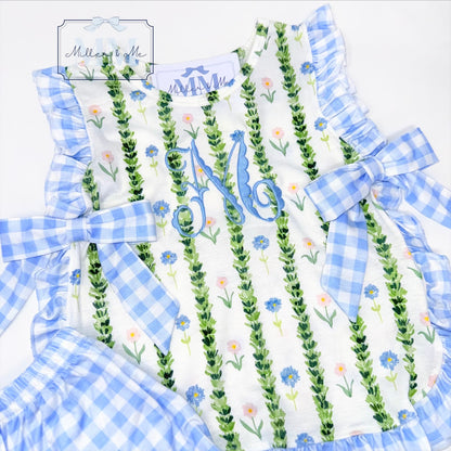 Blue Gingham Garden Bloomer Set / Personalized Baby Girl Outfit